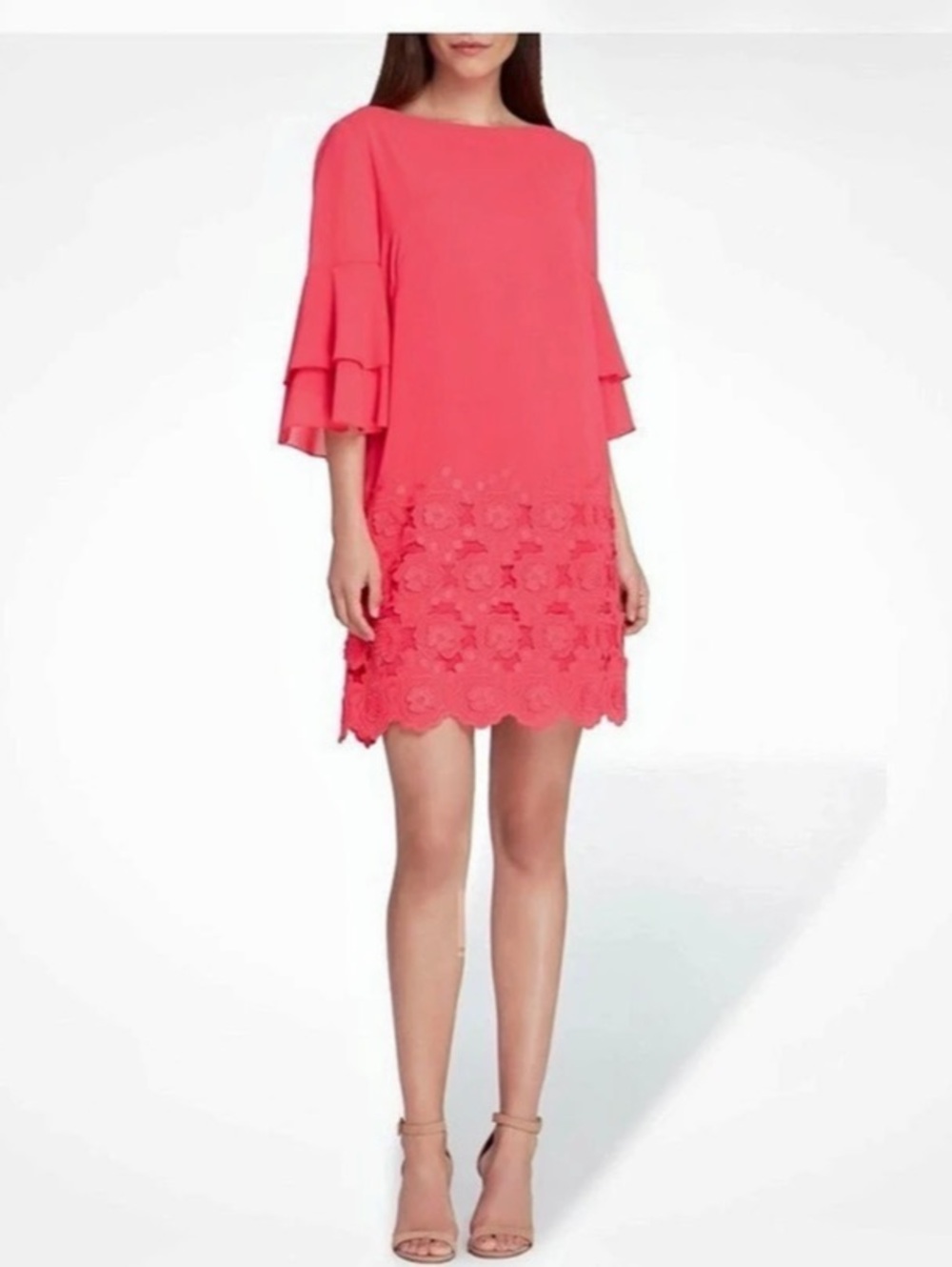 Tahari Floral Lace Hem Ruffle Sleeve Dress Size 8 Like New